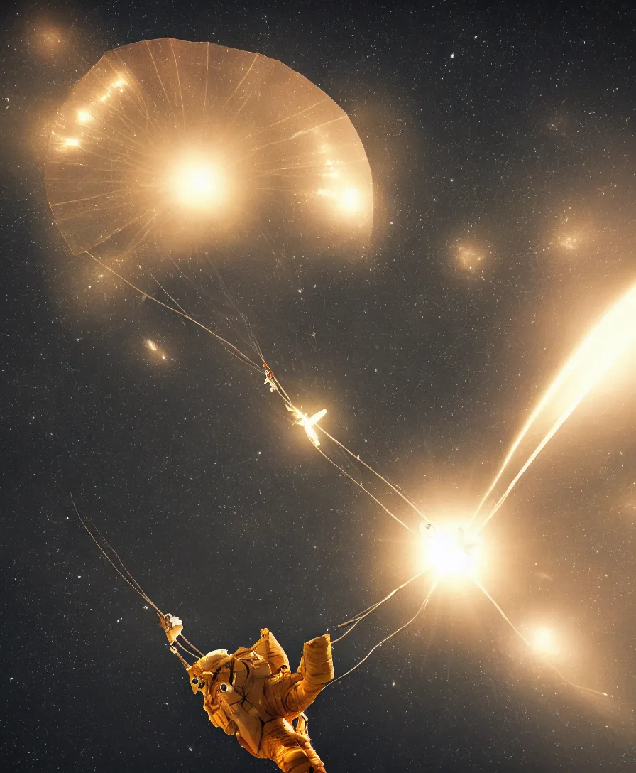 Prompt: a single man traveling towards space with parachute, stars glowing in dark background, highly detailed