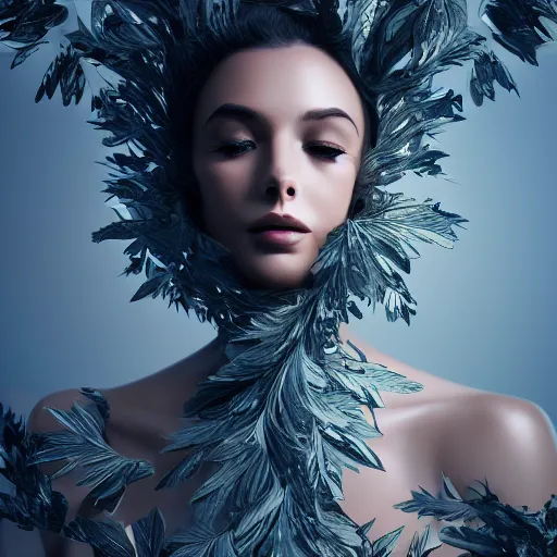 Image similar to a highly detailed digital image of a futuristic elegant woman wrapped with leaves, artstation, extremely detailed woman, stunning volumetric lighting, 4k,