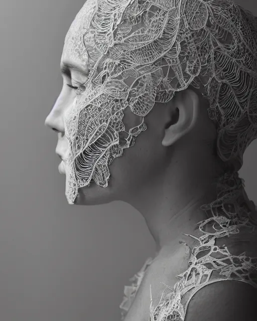 Prompt: a 4 0 year old woman's face in profile, made of intricate decorative lace leaf skeleton, in the style of the dutch masters and gregory crewdson, dark and moody, depth of field