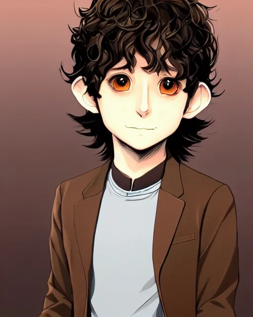 Prompt: portrait Anime joyful Hobbit Frodo Baggins; velvet brown jacket, backpack, Shire background || cute-fine-face, pretty face, realistic shaded Perfect face, fine details. Anime. realistic shaded lighting by Kim Jung Gi