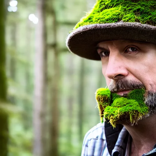 Prompt: portrait of a man with hat made of moss, 4k, full shot, high details, natural light, Forrest in background