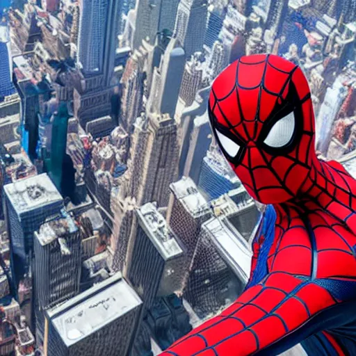 Image similar to marvel spider - man standing on top of the empire state building