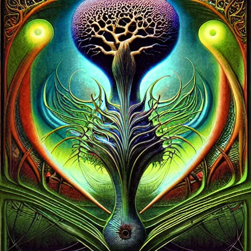 Prompt: divine chaos engine by roger dean and andrew ferez, tree of life, symbolist, visionary, art forms of nature by ernst haeckel, art nouveau, botanical organic fractal structures, surreality, detailed, realistic, deep rich moody colors