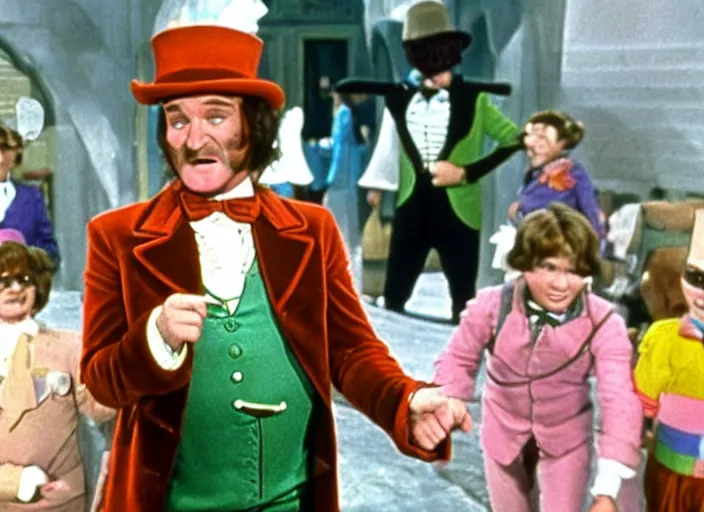 Prompt: film still of Robin Williams as Willy Wonka in Willy Wonka and the Chocolate Factory 1971