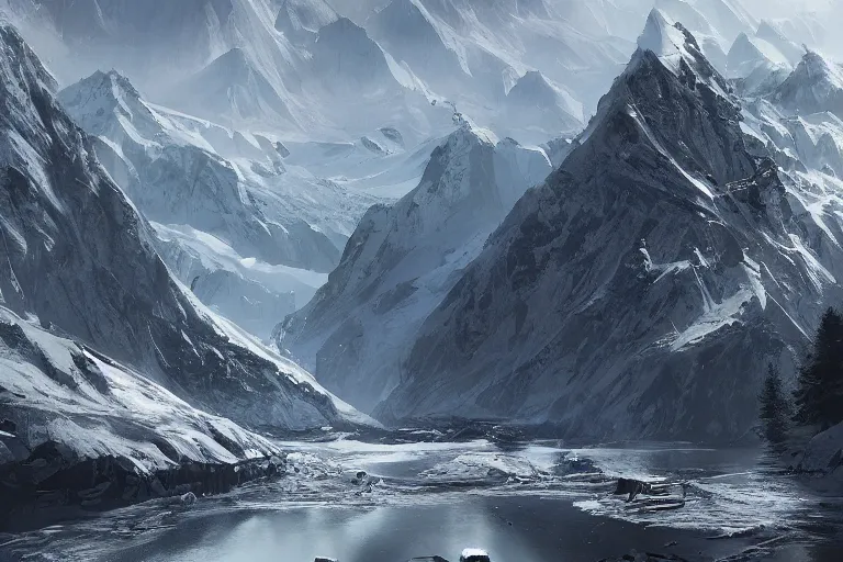 Prompt: a busy science - fiction base hidden in the alps, river, morning, james paick, artstation