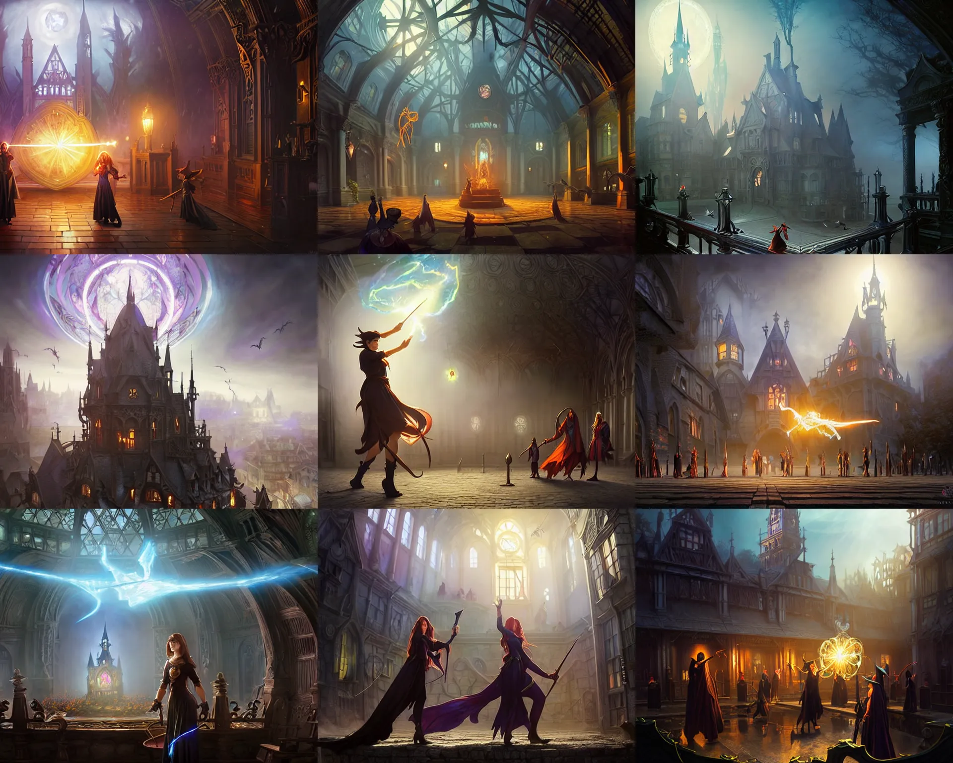 Prompt: strixhaven magic school university, sorcerer witch spectacular magic battle fight scene, fantasy building, intricate, sharp focus, lens flare, bloom, volumetric fog, rim light, illustration, highly detailed, digital painting, concept art, matte, art by wlop and artgerm and greg rutkowski and alphonse mucha, masterpiece, 8 k