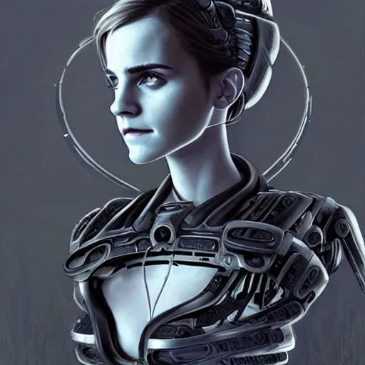 Image similar to portrait of Emma Watson as a Borg Drone, looking at camera, D&D, intricate, elegant, stylish, cute smile, mouth slightly open, fantasy, extremely detailed, digital painting, artstation, concept art, smooth, sharp focus, illustration, stunning lighting, art by artgerm and greg rutkowski and alphonse mucha and simon stalenhag, realistic character concept, high fantasy, light atmosphere, golden ratio, cinematic lighting, hyperdetailed, high resolution, insanely detailed and intricate, artstation, Marc Simonetti, Greg Rutkowski