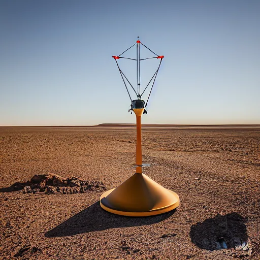 Image similar to cone shaped peaceful mobile biomimetic rugged anemometer station sensor antenna on all terrain tank wheels, for monitoring the australian desert, XF IQ4, 150MP, 50mm, F1.4, ISO 200, 1/160s, dawn, golden ratio, rule of thirds