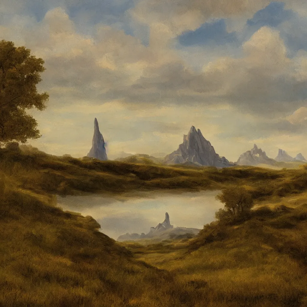 Image similar to a wide angle landscape of a prairie with a very large thin spire mountain in the distance in the style of rococo digital painting