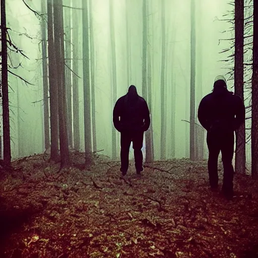 Image similar to low quality iphone photo of the payday : the heist crew standing ominously deep in the foggy woods low visibility creepy, grainy, trail cam footage