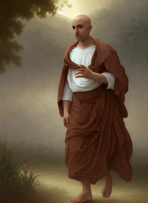 Prompt: oil painting portrait of a handsome young tonsured dominican monk in a white and brown habit, striding dancing through a flourishing garden at sunset with a monastery in the background, hazy, digital art, chiaroscuro, artstation, cinematic, golden hour, digital art painting by greg rutkowski, william - adolphe bouguereau, hazy atmosphere, flowers, cinematic lighting