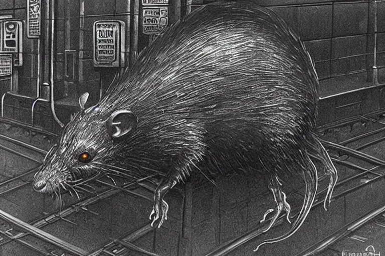 Prompt: very large giant mutant zombie irradiated angry rat staying on railways in tonnel of moscow subway. extreme high detail, very realistic. low dark light, scary mood. giger