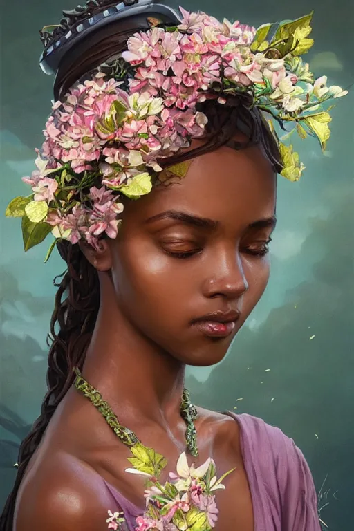 Prompt: ultra realistic illustration, beautiful swahili woman with flowers blossoming from helmet, elegant, highly detailed, digital painting, concept art, smooth, sharp focus, illustration, art by artgerm and greg rutkowski and alphonse mucha