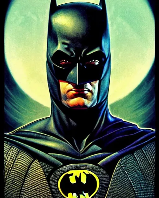 Prompt: batman, character portrait, portrait, close up, concept art, intricate details, highly detailed, vintage sci - fi poster, retro future, vintage sci - fi art, in the style of chris foss, rodger dean, moebius, michael whelan, and gustave dore