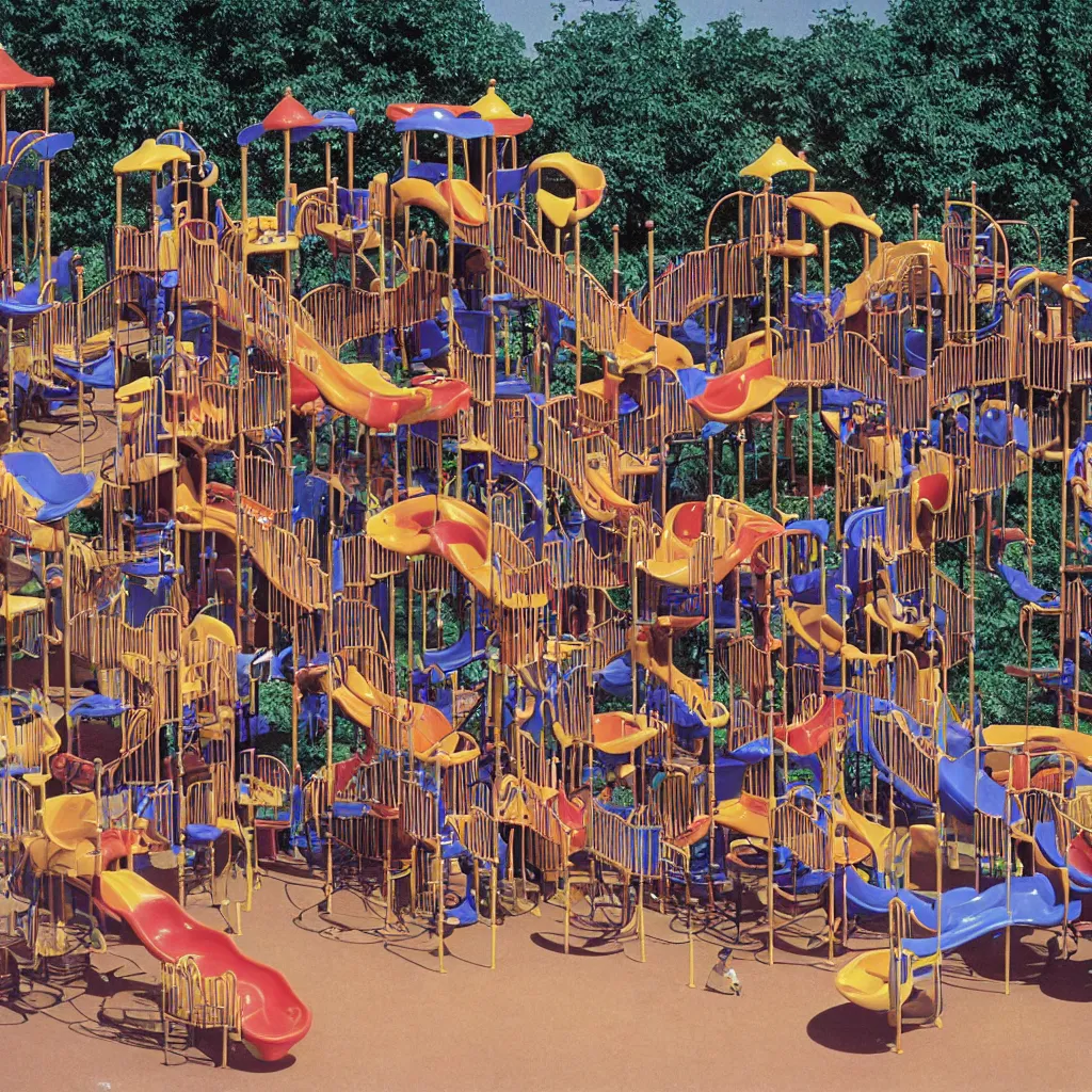 Image similar to full - color closeup 1 9 7 0 s photo of a large complex very - dense very - tall many - level playground in a crowded schoolyard. the playground is made of dark - brown wooden planks, and black rubber tires. it has many spiral staircases, high bridges, ramps, and tall towers.