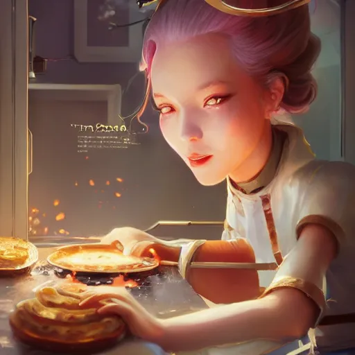 Prompt: a beautiful robot girl cooking breakfast | | cute - fine - face, pretty face, fine details by stanley artgerm lau, wlop, rossdraws, james jean, andrei riabovitchev, marc simonetti, and sakimichan, trending on artstation