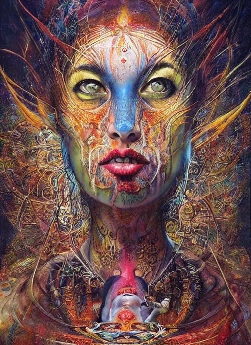 Prompt: ayahuasca ritual with shamans, painted face, third eye, energetic consciousness psychedelic, dmt, epic surrealism expressionism symbolism, perfect, by karol bak, louise dalh - wolfe, pablo amaringo, masterpiece