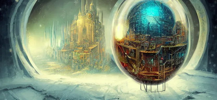 Image similar to beautiful masterpiece painting of a dystopian city trapped inside a snow globe, grunge cyberpunk, by Remedios Varo and Anato Finnstark and Greg Rutkowski, artgerm, 8k,