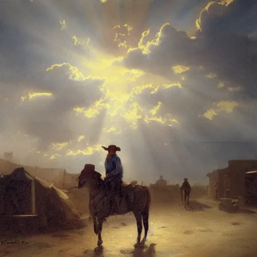 Image similar to oil painting of cowboy in dusty street in western town, storm clouds, sunrays, very very very very very beautiful bright art, american romanticism by goya, colorful masterpiece, realistic and detailed