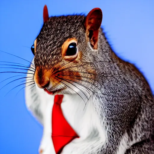 Image similar to a squirrel discusses international affairs, wearing a suit, on the evening news, realistic television still