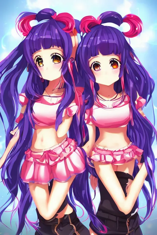 Image similar to two beautiful female idols with twin tails standing chest to chest, anime game art