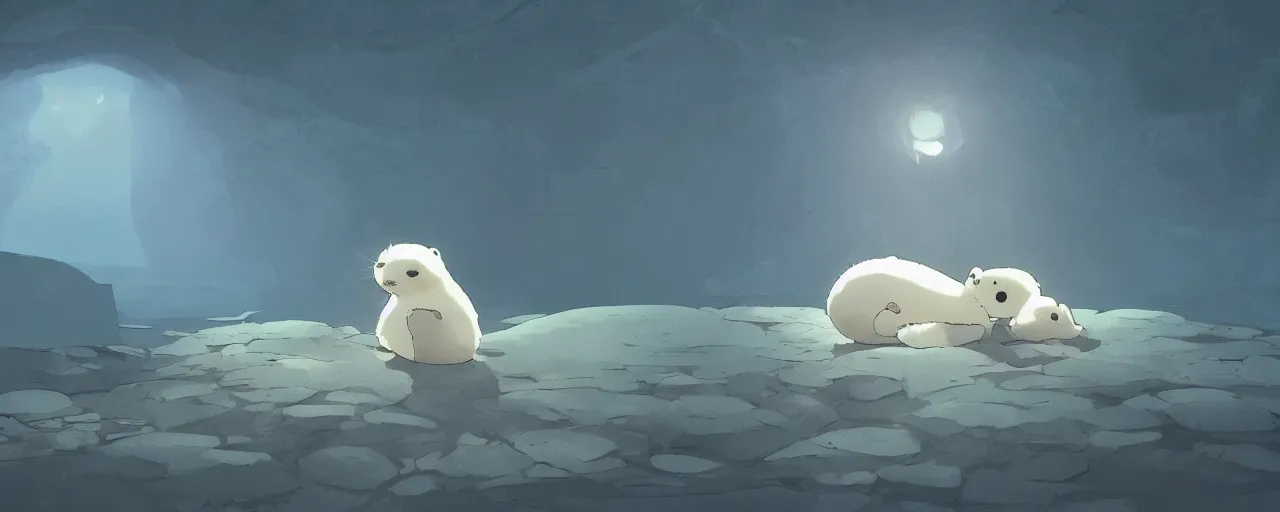 Image similar to a baby harp seal skeleton on the bank of a tropical river, atey ghailan, goro fujita, studio ghibli, rim light, dark lighting, clear focus, very coherent