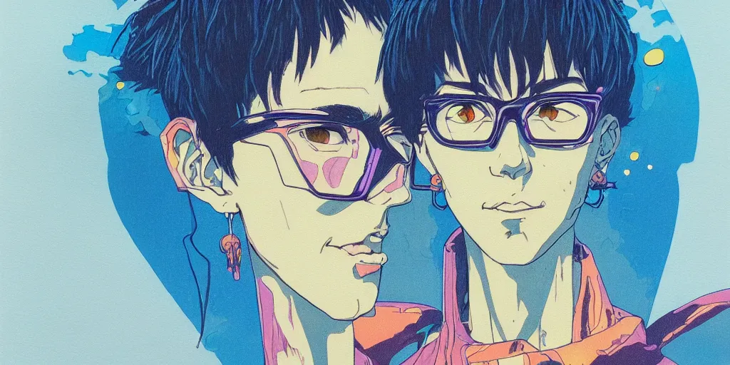 Prompt: risograph grainy painting of gigantic huge evangelion - like hero protagonist face, matte colors, with huge earrings and glasses with a lot of details and lasers, covered with plants, by moebius and dirk dzimirsky and satisho kon, blue hour, close - up wide portrait