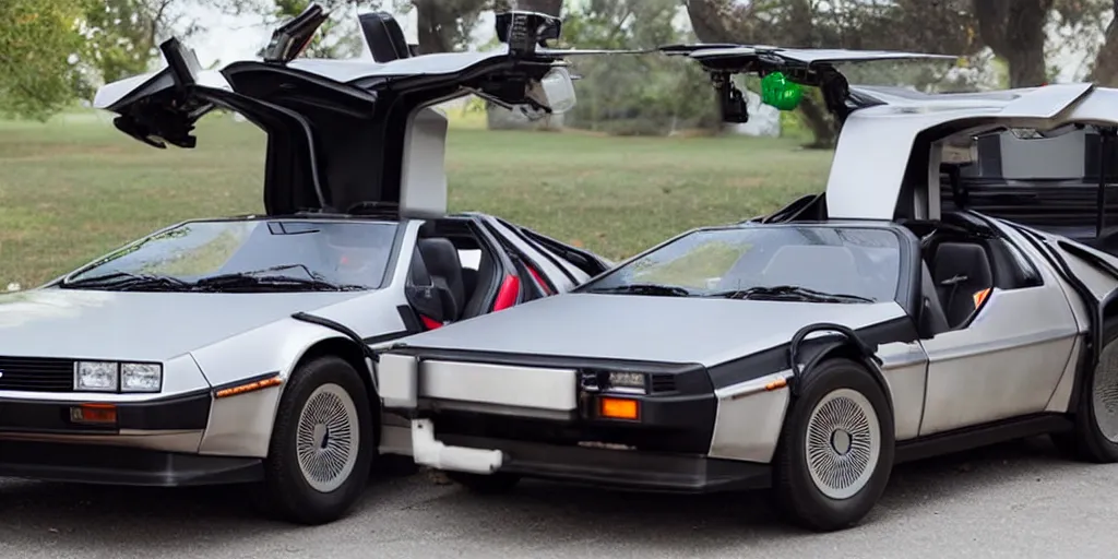 Prompt: a single delorean and tesla roadster hybrid, dslr