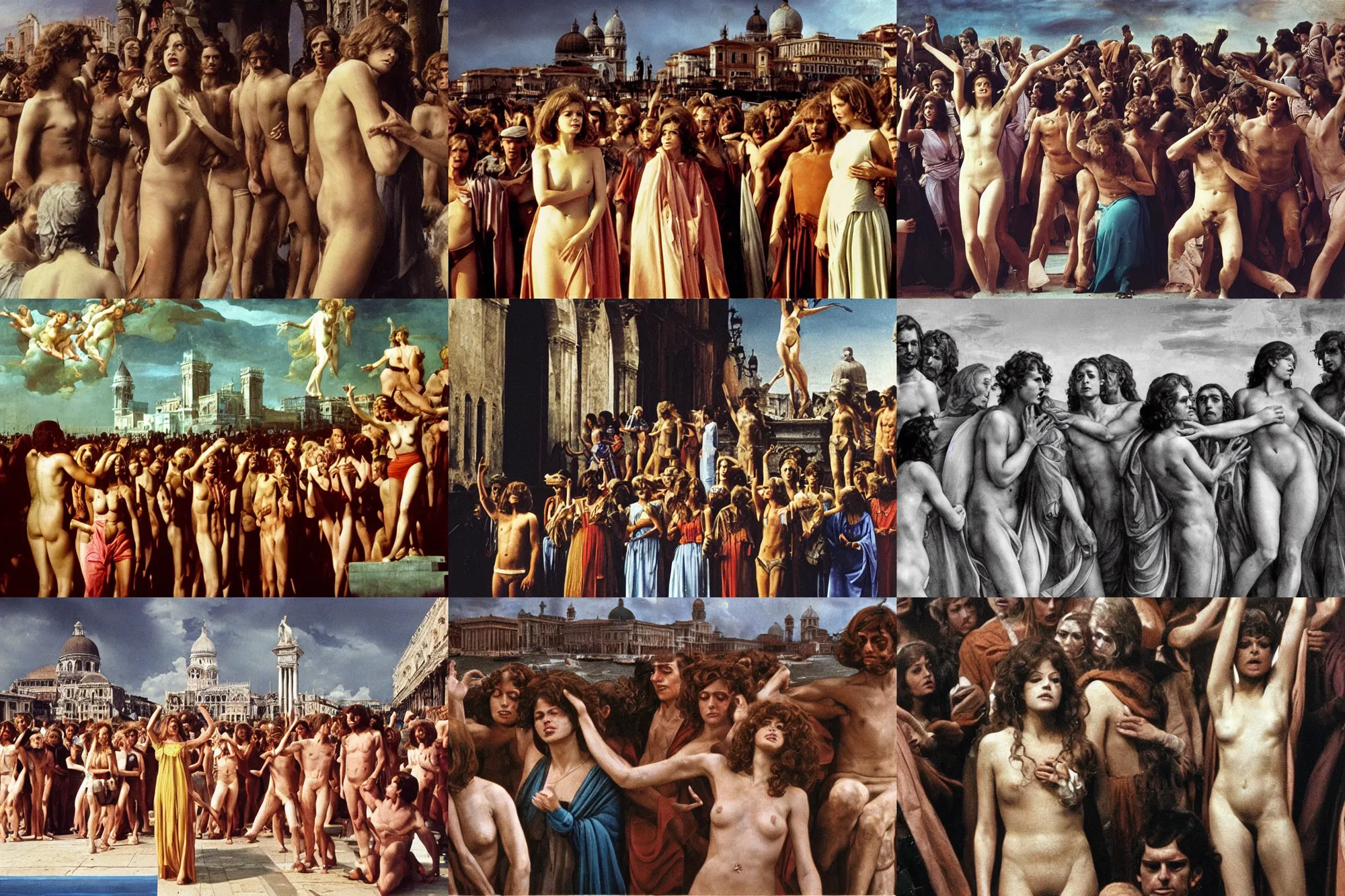 Prompt: a scene from death in venice ( 1 9 7 3 ) by luchino visconti, showing claudia cardinale leading a despaired crowd, inspired by the last judgement of michelangelo. cardinale and the crowd are in front of the venetian cityscape. cinematic, technicolor!!!, very crisped colors, intense colors, highly detailed, 5 0 mm, studio lighting