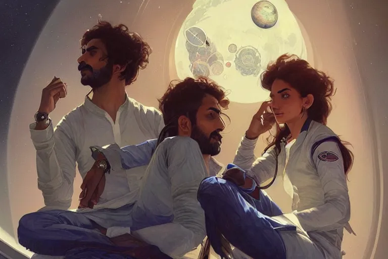 Image similar to Pensive good looking pale young Indian doctors wearing jeans in a space station above Earth, portrait, elegant, intricate, digital painting, artstation, concept art, smooth, sharp focus, illustration, art by artgerm and greg rutkowski and alphonse mucha