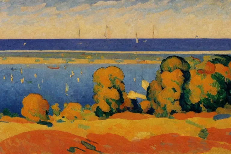 Image similar to A sprawling high resolution abstract landscape painting of the Chesapeake bay in the fall, bathed in golden light, peaceful, sailboats, birds in the distance, golden ratio, fauvisme, art du XIXe siècle, oil on canvas by André Derain, Albert Marquet, Auguste Herbin, Louis Valtat, Musée d'Orsay catalogue