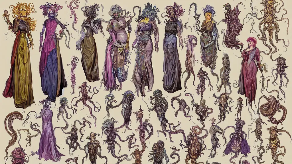 Image similar to highly detailed colorful character sheet for a stocky alien extraterrestrial victorian female servant maid with thick snake - like tentacles instead of hair, long dress with apron, mucha, ernst haeckle, jim henson creature shop, digital art, trending on artstation, hd, 8 k, good lighting, beautiful, rough paper, masterpiece