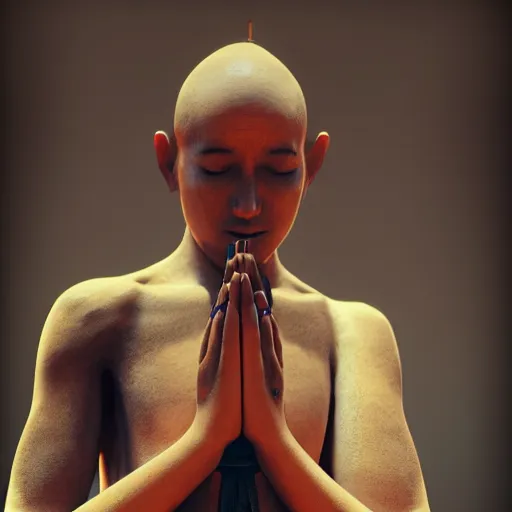 Image similar to an android monk praying with hands above head, monk robe and tattoos, octane render, unreal engine, 8 k, cinematic, artwork by ilya kuvshinov