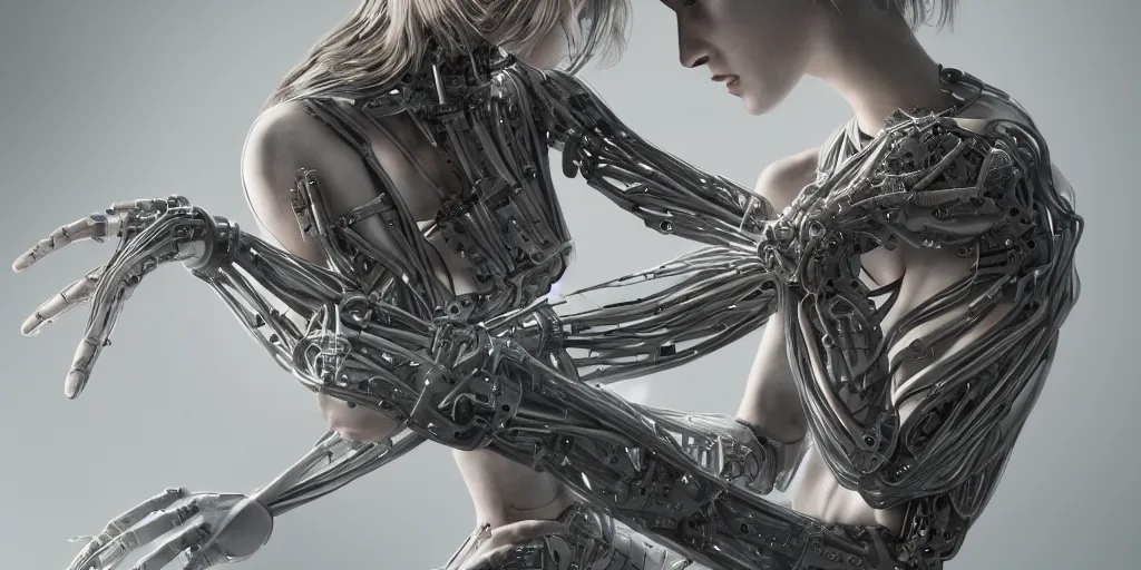 Prompt: hyperrealistic photography of a stunningly beautiful cyborg female, mechanical elbow, plated arm, intimate, holding hands, in the style of beth cavener, jin kagetsu,, and wlop, highly detailed, intricate, face symmetry, masterpiece, award - winning, sharp focus, concept art, high key, ambient lighting, 8 k, octane render, artstation