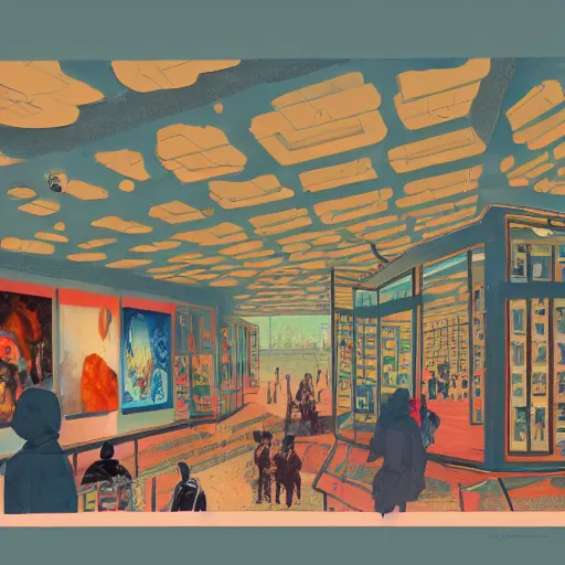 Image similar to illustration of modern art gallery, where there is a lot of paintings displayed from various artist, very fashion, displayed on the walls, by Victo Ngai and James Gilleard and Bruce Pennington