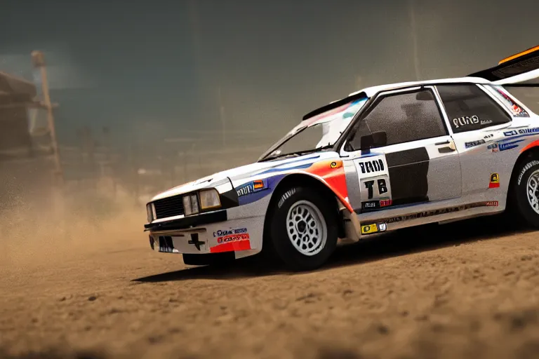 Image similar to group b rally car drifting, forza, photoreal, dynamic scene, dynamic lighting, 8 k, motion blur, dust, trending on artstation, higly detailed, ( higly detailed ), styleframe, crowned, artwork by wlop