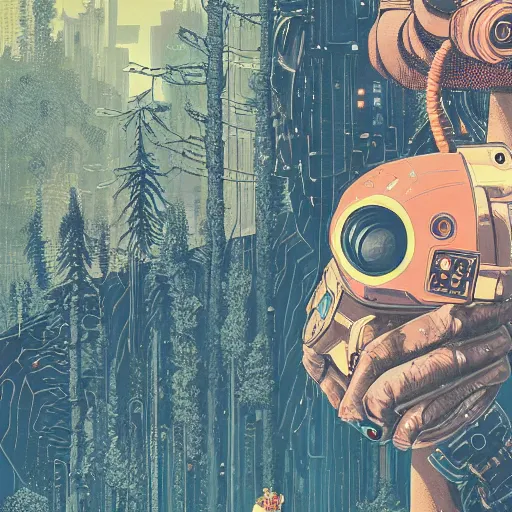 Prompt: Stunning close up of cyberpunk explorer holding his small circular robot friend in his hand, forest in background, highly detailed, by Victo Ngai and James Gilleard , Moebius, Laurie Greasley