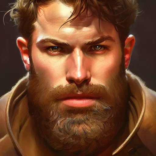 Image similar to portrait of a young rugged ranger, muscular, bust, hairy chest, D&D, fantasy, intricate, cinematic lighting, highly detailed, digital painting, artstation, concept art, smooth, sharp focus, illustration, art by Artgerm and Greg Rutkowski and Alphonse Mucha