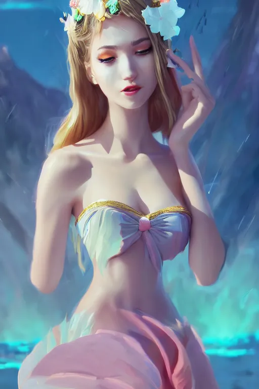 Image similar to a beautiful fashion goddness of love, chic strapless dress, tropical sea background, character design, in the style of artgerm, and wlop, cinematic lighting, hyperdetailed, 8 k realistic, symmetrical, global illumination, radiant light, frostbite 3 engine, cryengine, dof, trending on artstation, digital art