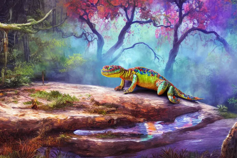 Prompt: highly detailed oil painting of a reptile sitting in a steaming colorful hotspring with woodland forest backdrop, featured on artstation