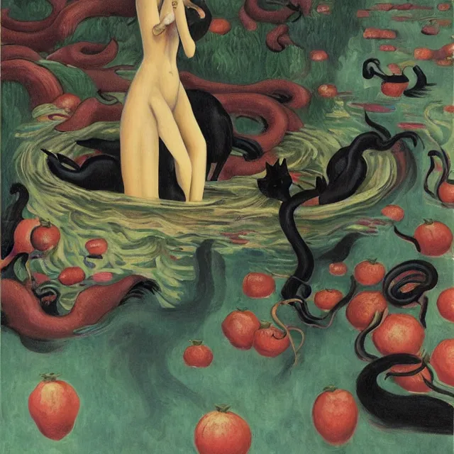Image similar to tall female catgirl artist holding a black cat in her flooded apartment, pomegranates, octopus, water gushing from ceiling, painting of flood waters inside an artist's apartment, a river flooding indoors, mushrooms, ikebana, zen, rapids, waterfall, black swans, canoe, berries, acrylic on canvas, surrealist, by magritte and monet