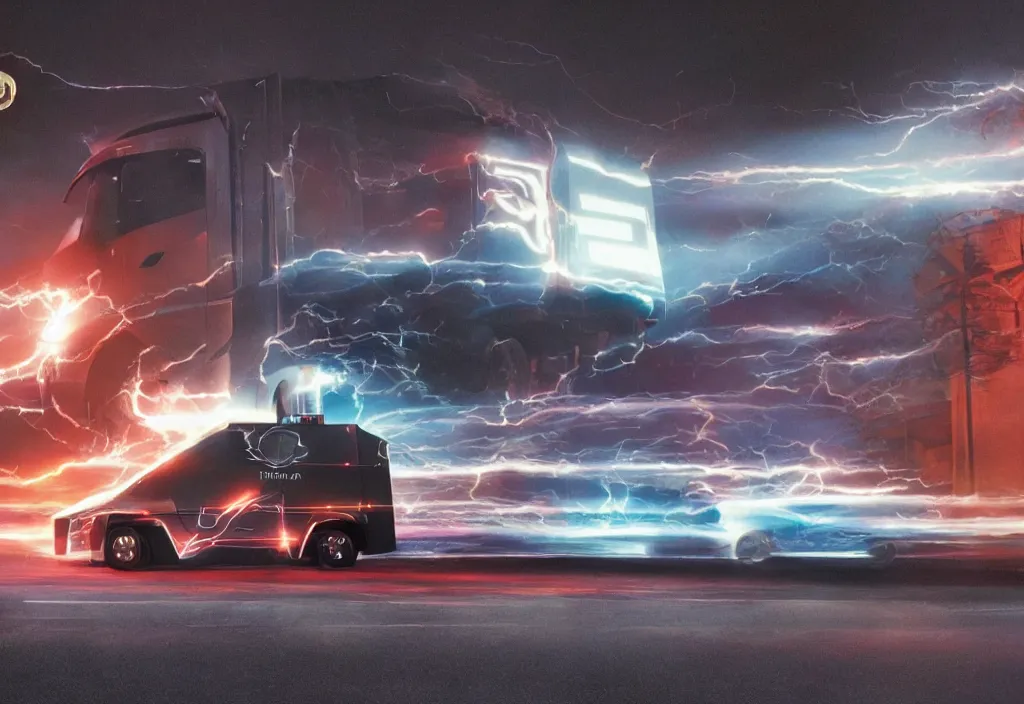 Image similar to a tesla cybertruck on the movie back to the future 2, reaching 8 8 mph, movie still, 4 k, movie grain, remastered, cinema, dramatic illumination, detailed, real,