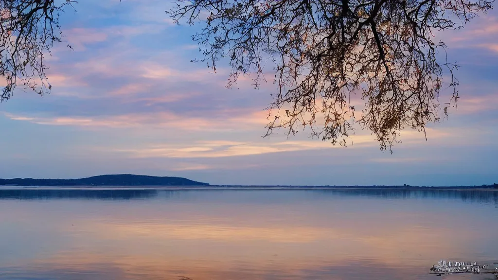 Image similar to tranquil mesmerizing calm lake at sunset detailed, 8k, mesmerizing, low saturation, high resolution