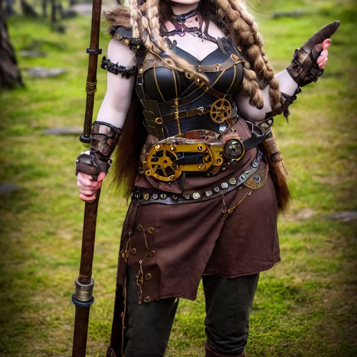 Image similar to full body photograph of a real-life female steampunk viking, Extremely detailed. 8k