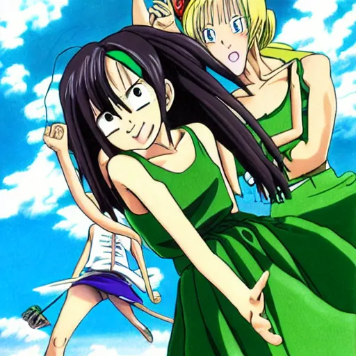 Prompt: anime, girl, green dress, flying, one piece, by akira toriyama