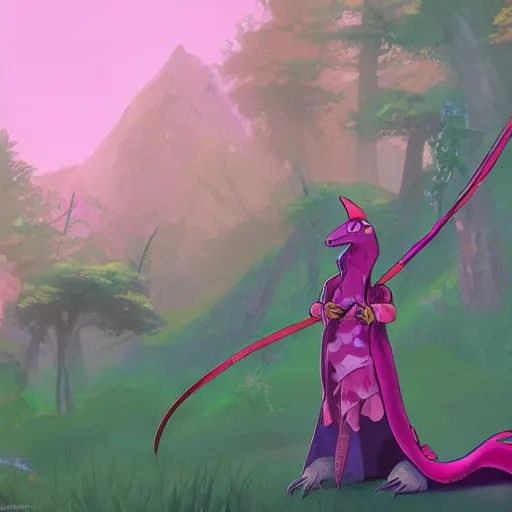 Image similar to concept art painting of an anthropomorphic lizard wearing magenta wizard robes, in the deep forest, realistic, detailed, cel shaded, in the style of makoto shinkai and greg rutkowski and james gurney