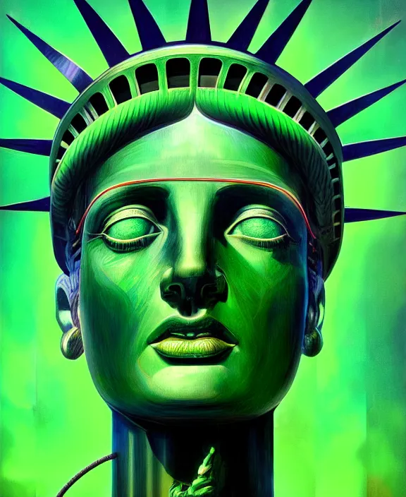 Prompt: statue of liberty robot, perfect face, symmetrical eyes, green skin, exposed wires and neon, cinematic, stunning, elegant, highly detailed, psychedelic, digital painting, artstation, smooth, hard focus, illustration, art by jessica rossier and and brian froud