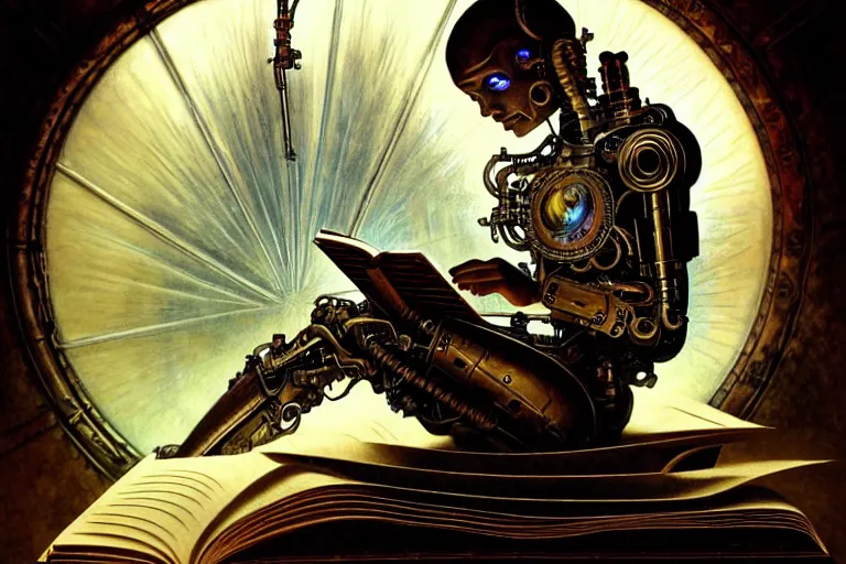 Image similar to a cyborg reading from an old book with a leather cover, fantasy, sci-fi, intricate, elegant, dramatic lighting, highly detailed, lifelike, photorealistic, digital painting, artstation, concept art, smooth, sharp focus, illustration, art by John Blanche and Paul Dainton and Albert Aublet and Artem Demura and Alphonse Mucha