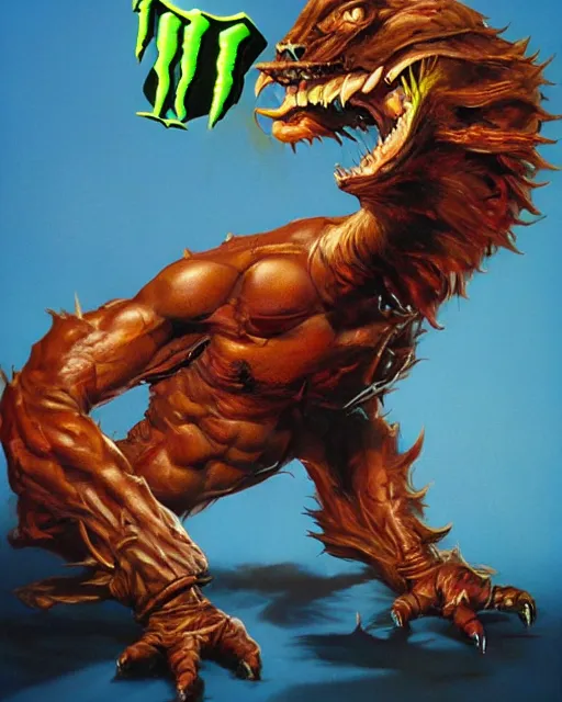 Image similar to mascot, monster energy, by peter andrew jones, 9 0's advertising, hd, hyper detailed, 4 k