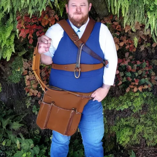 Image similar to (pudgy) british lad with short curly dark brown hair as a hobbit wearing a white men's crossbody sling chest bag and blue vest